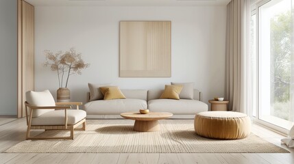 Modern Minimalist Living Room with Beige Sofa, Wooden Coffee Table and Natural Light