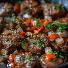 Juicy fried meat with spices, appetizing appearance.