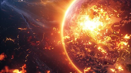 Obraz premium A stunning image of a fiery planet in a distant galaxy, illuminating the cosmos with vibrant colors and intense energy.