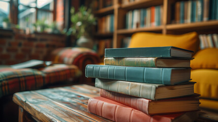 Cozy Reading Nook with Pile of Books