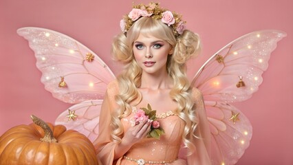 Fototapeta premium Dreamy portrait of a blonde ethereal fairy with flowers and pumpkin
