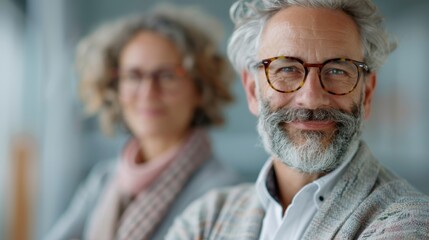 A mature couple, both with curly hair and wearing glasses, pose with confidence indoors. Shows warmth, connection, seasoned perspective, and mutual respect.