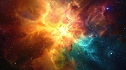 Fototapeta premium A vibrant and colorful cosmic nebula in outer space with vivid red, orange, and blue hues. Perfect for backgrounds and sci-fi themes.