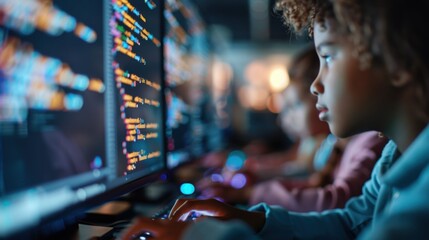 In this image, a child is deeply focused on coding on a computer, seated in a modern, tech-savvy computer lab, highlighting the excitement and engagement in learning programming and technology.