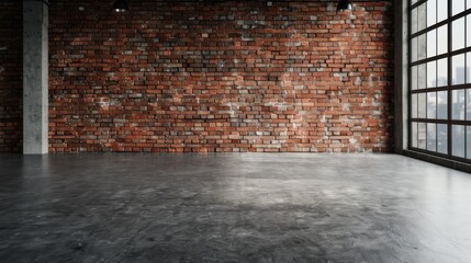 A large, open loft space featuring a prominent red brick wall and expansive windows that let in ample natural light, portraying an industrial yet inviting living environment.