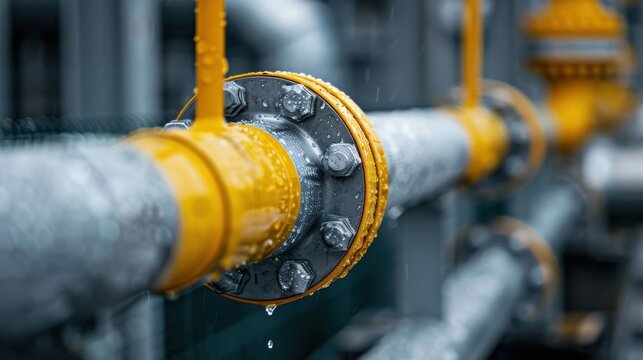 A detailed close-up shot of an industrial pipe system outside, focusing on the joints and bolts of large silver and yellow pipes with visible water droplets.