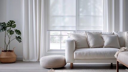 Fototapeta premium A beautifully arranged modern living room with a sleek white sofa, various cushions, a pouf, and decor plants enhancing the serene ambiance.