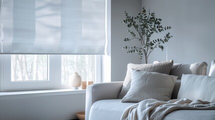 This calming living room features a white sofa adorned with cozy pillows, near a green plant, bathes in natural light creating a peaceful atmosphere.