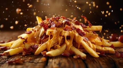 Tasty but unhealthy fast food fries with bacon and cheese