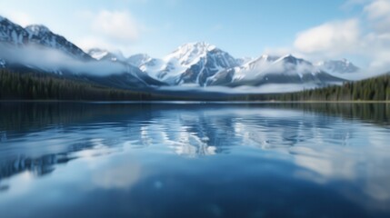 Fototapeta premium A tranquil lake reflecting snow-capped mountains under a clear blue sky, with fluffy clouds and a dense forest lining the shore, creating a peaceful and mesmerizing scene.