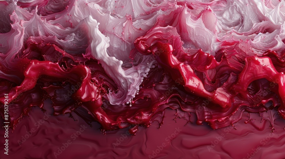Poster A complex and dynamic flow of white and red liquid in an abstract form, creating a visually enticing and fluid scene that conveys energy and movement.