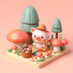 Obraz premium 3d cartoon pig gethering mushroom in the forest, on pastel background