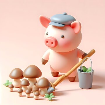 3d cartoon pig gethering mushroom in the forest, on pastel background. cartoon mascot
