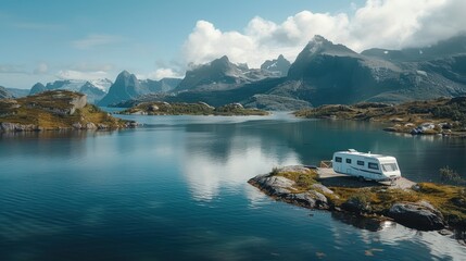 Naklejka premium Scenic RV Camping by the Lake - Aerial view of an RV parked on a picturesque peninsula surrounded by a tranquil lake and stunning mountain scenery.