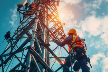 Telecommunications engineer is climbing a cell tower, wearing a safety harness and helmet, with another engineer visible in the background