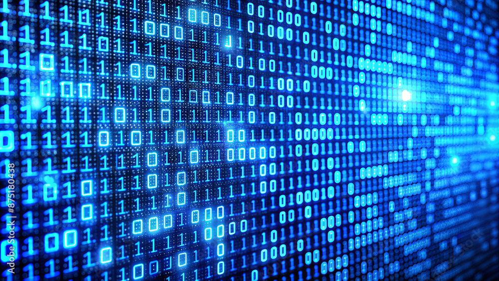 Poster blue digital binary code patterns glowing on a dark background
