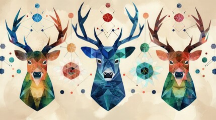 Colorful geometric deer heads illustration with ornate patterns, blending wildlife with abstract art in vibrant colors.
