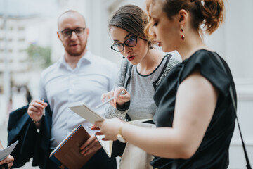 Three coworkers engage in a discussion outdoors, attentively reviewing notes in a notebook, showcasing collaboration and teamwork.