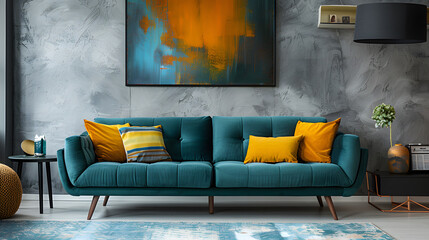 Teal sofa with vibrant yellow pillows against grey stucco or concrete wall with art poster. Mid century interior design of modern living room, home