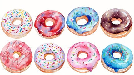Fototapeta premium Sweet Birthday Donut Clipart - Watercolor Illustration in Pastel Colors on White Background