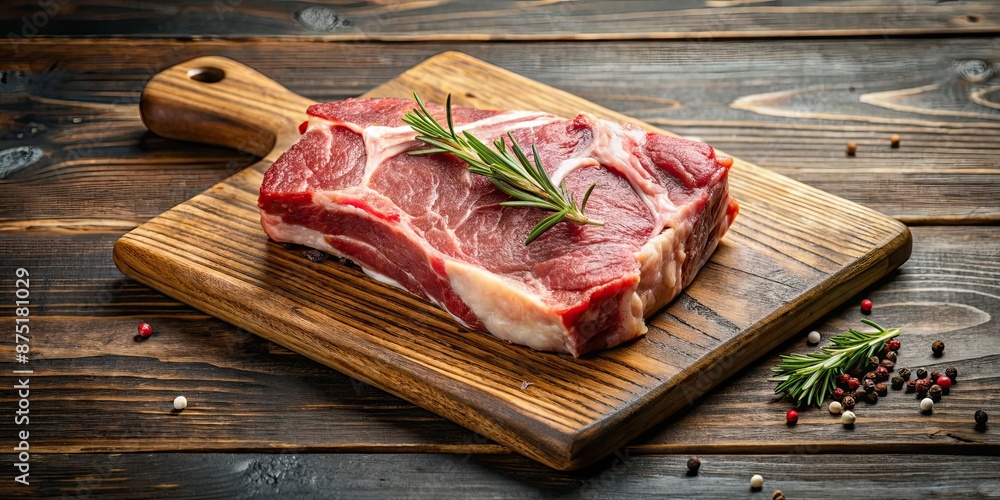 Poster Cut of rib of beef on a wooden cutting board, rib of beef, meat, raw, juicy, cooking, grilling, steak, butcher