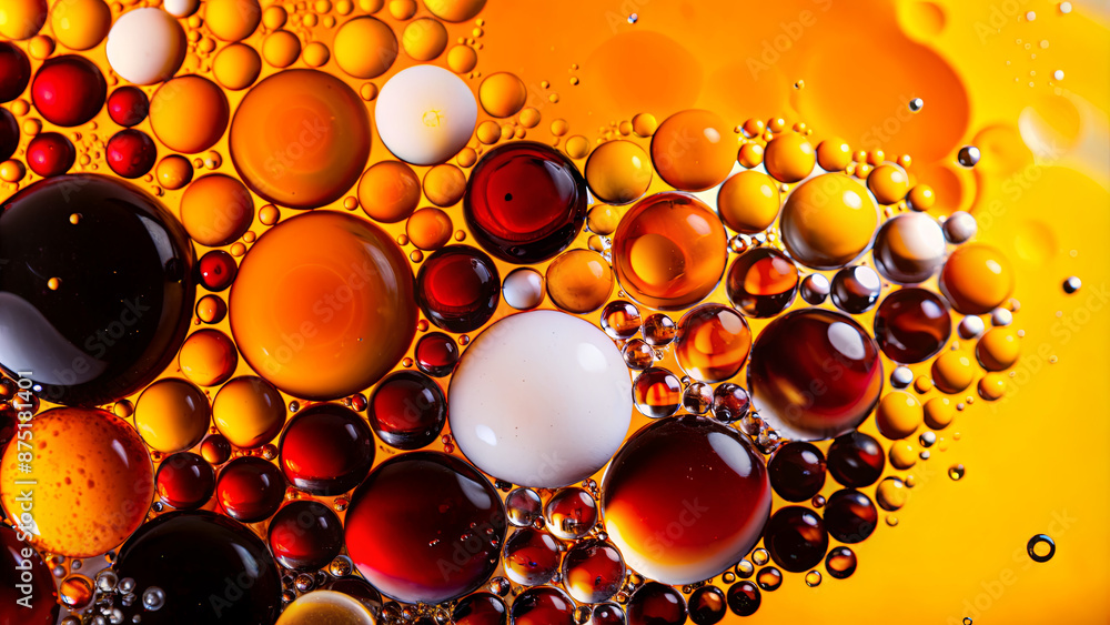 Poster a close-up view of oil droplets floating on a surface of water, creating a colorful and abstract pat