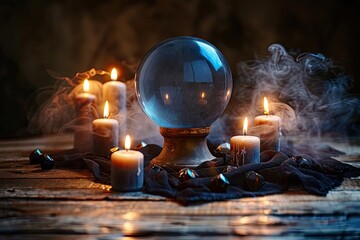 A ghostly seance table with floating candles and a crystal ball, with the ball's surface blank space for text