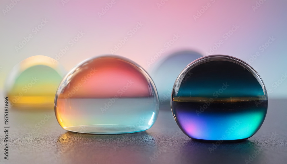 Poster close-up of four glass orbs with iridescent colors, sitting on a dark grey surface. the orbs reflect