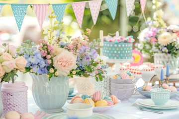 Beautiful pastel-themed table setting with floral arrangements, cakes, and decorations, perfect for a spring or summer event or celebration.