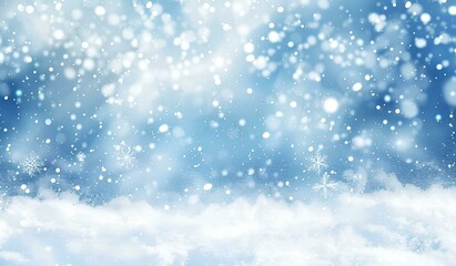 Obraz premium Abstract snow background with falling snowflakes and bokeh lights. Winter blizzard with light blue gradient sky. Christmas holiday