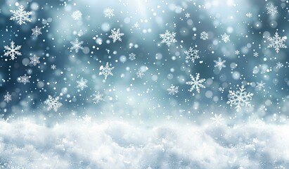 Obraz premium Abstract snow background with falling snowflakes and bokeh lights. Winter blizzard with light blue gradient sky. Christmas holiday