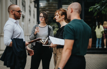 Group of colleagues conversing during a business meeting outdoors, discussing project details, holding documents and notebooks.