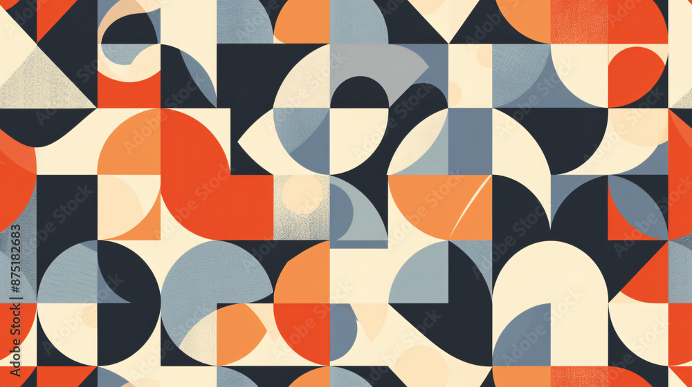 Aufkleber repeating seamless geometric pattern with orange and blue shapes on a cream and black backdrop