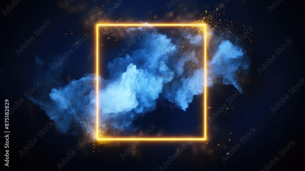 Poster abstract picture of yellow color light in rectangle shape frame set against in dark blue tone backgr