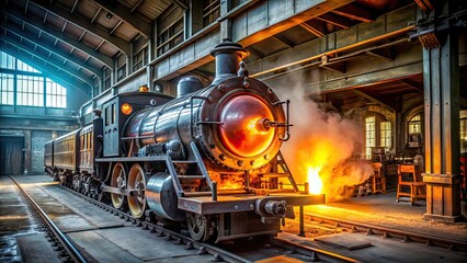 Fototapeta premium Glassblowing masterpiece of train emerging in studio under heat and light, glassblowing, train, masterpiece, studio, heat