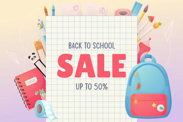 Back to school. Sale, discounts. Cartoon backpack and school supplies, on the background of a notebook sheet.