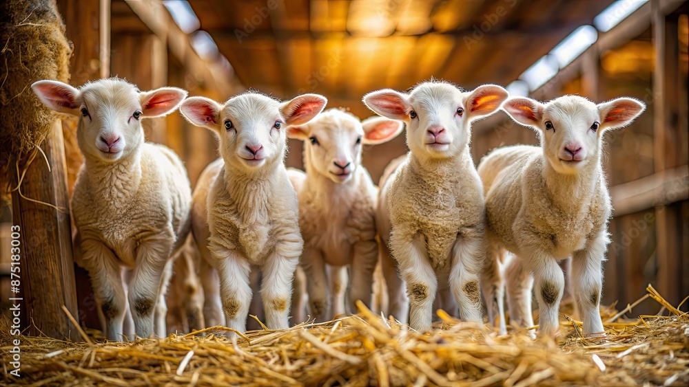 Wall mural cute little lambs standing in straw-filled stable, looking at camera, lambs, cute, animals, wildlife