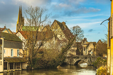 bridge over Eure river and in background the Chartres Notre dame cathedral