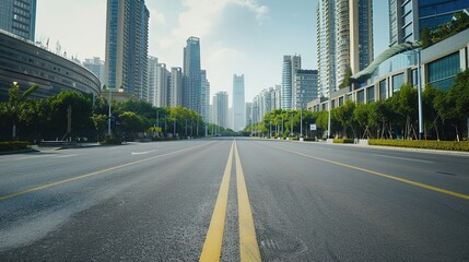 Obraz premium Wide Asphalt Road in Urban Cityscape with High-Rise Buildings
