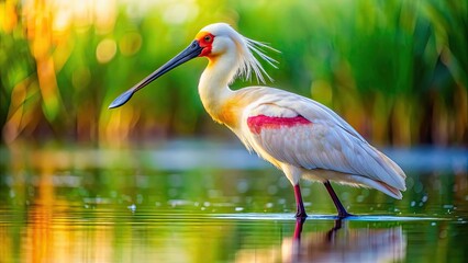 Detailed of a colorful Eurasian spoonbill in its natural habitat, Eurasian spoonbill, bird, wildlife, nature, detailed