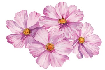 Beautiful watercolor illustration of a cluster of pink cosmos flowers, set against a plain background with plenty of copyspace,