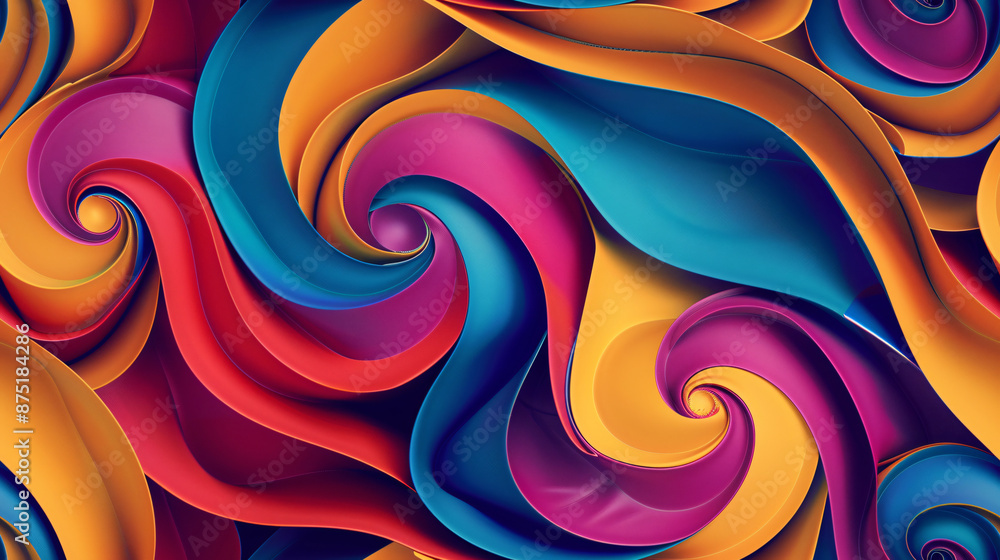 Poster vibrant shapes create spirals and waves in abstract background