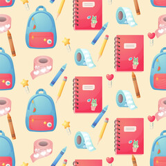 Seamless pattern, school supplies. Cartoon, vector. back to school