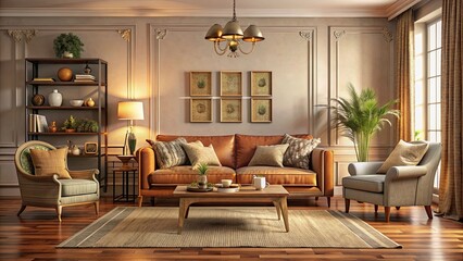 Cozy living room with vintage decor and warm color scheme, nostalgic, retro, comfortable, homey, vintage