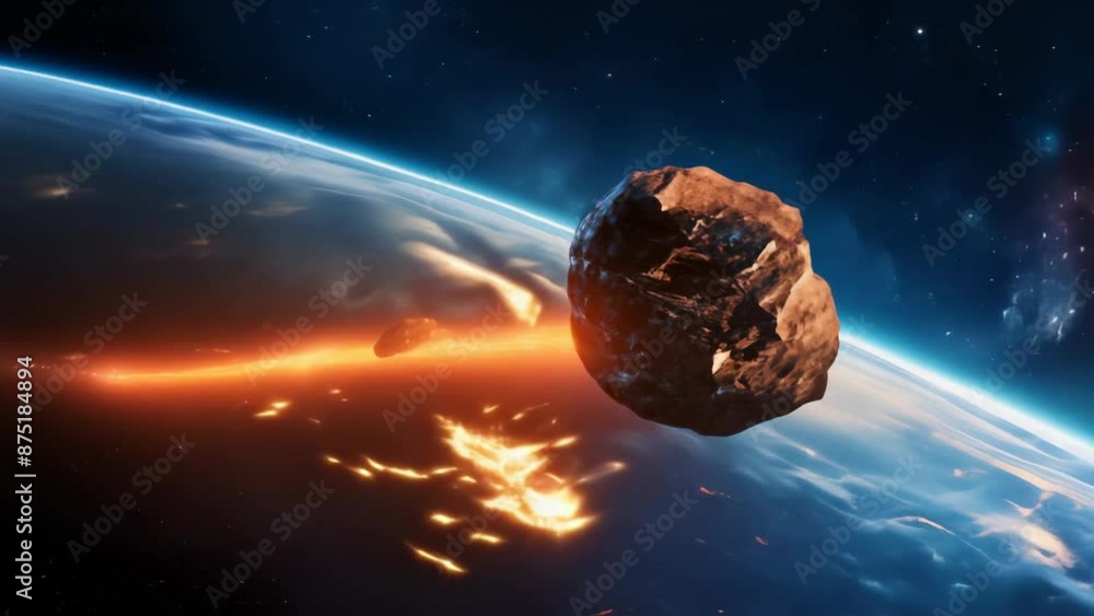 Poster asteroid approaching earth in outer space with stars in the background
