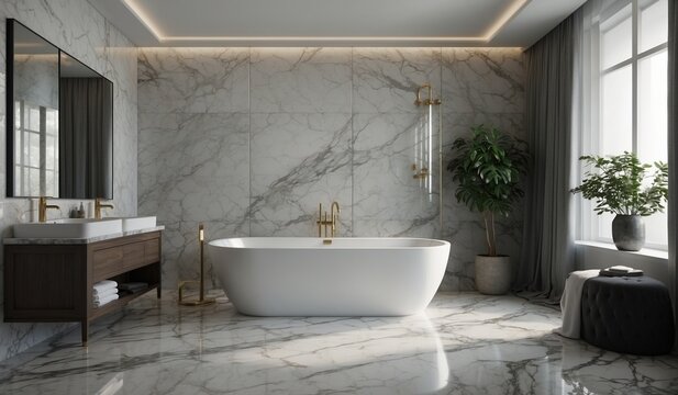 Marble-finished bathroom with freestanding bathtub