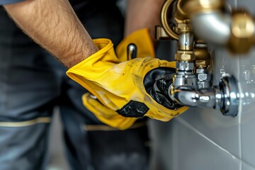 A plumber's hands at work in a bathroom, engaged in plumbing repair services