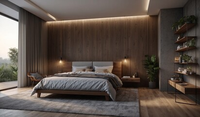 Modern bedroom with wood paneling and elegant décor.
