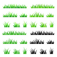 Grass border set. Green lawn set. Realistic, cartoon, flat, silhouette.