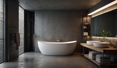 Minimalistic bathroom with white standalone bathtub.